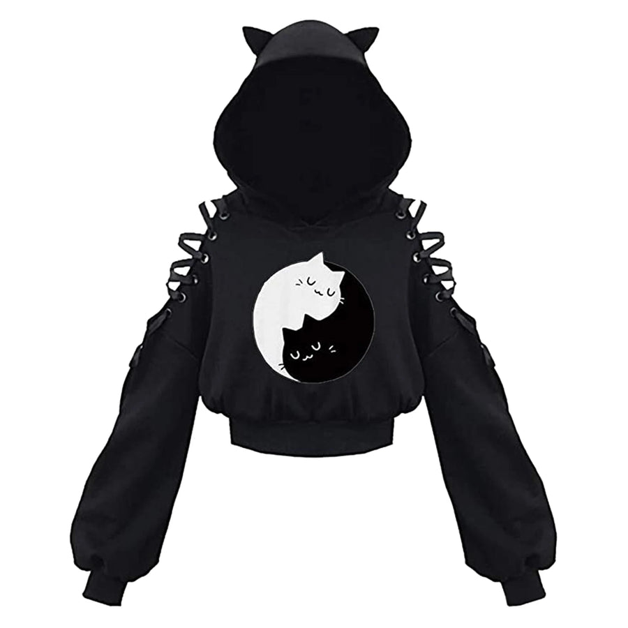 Harajuku Gothic Cutie - Kawaii Black Cat Ribbon Hoodie