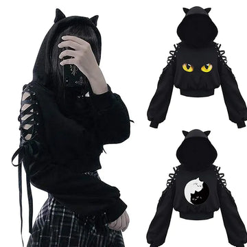 Harajuku Gothic Cutie - Kawaii Black Cat Ribbon Hoodie