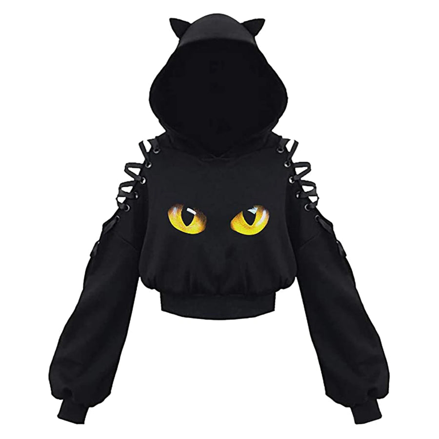 Harajuku Gothic Cutie - Kawaii Black Cat Ribbon Hoodie