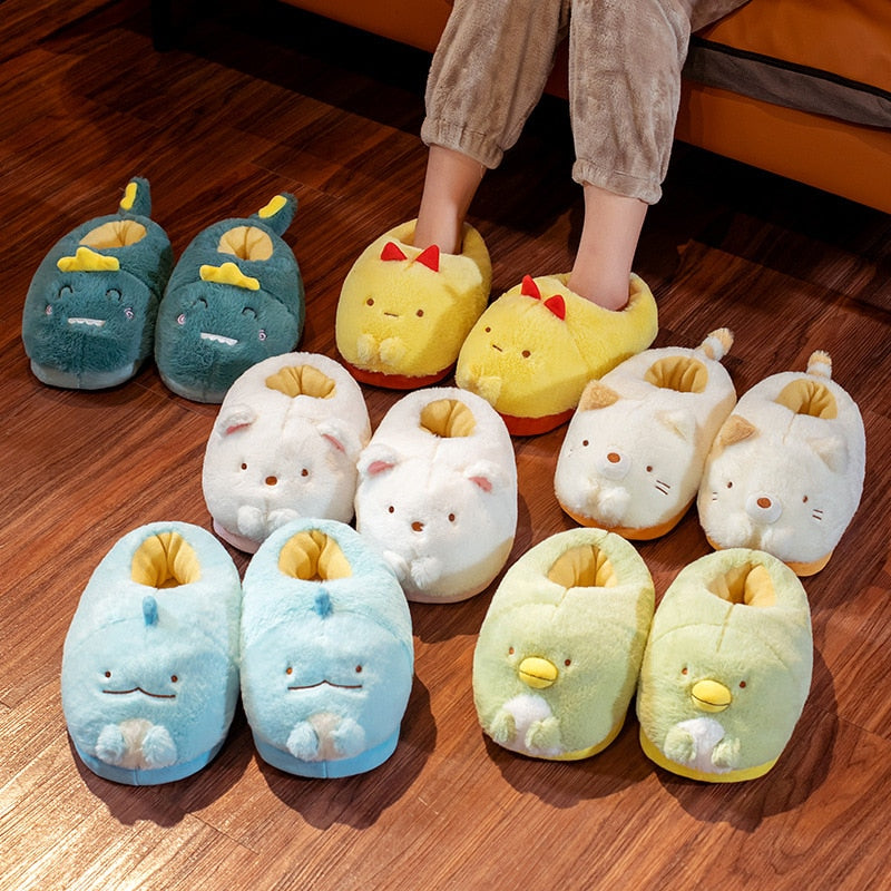 Kawaii Plush Character Slippers - Dinosaur, Cat, Bear