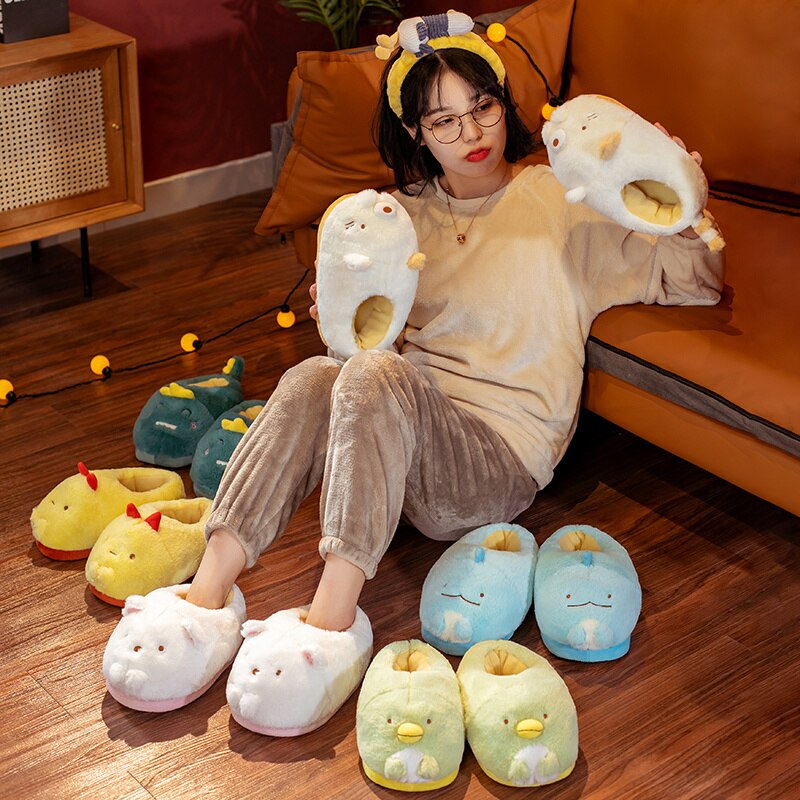 Kawaii Plush Character Slippers - Dinosaur, Cat, Bear