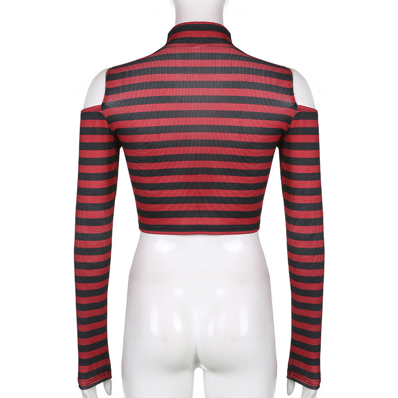 Harajuku Gothic Red Striped Open Shoulder Crop Top