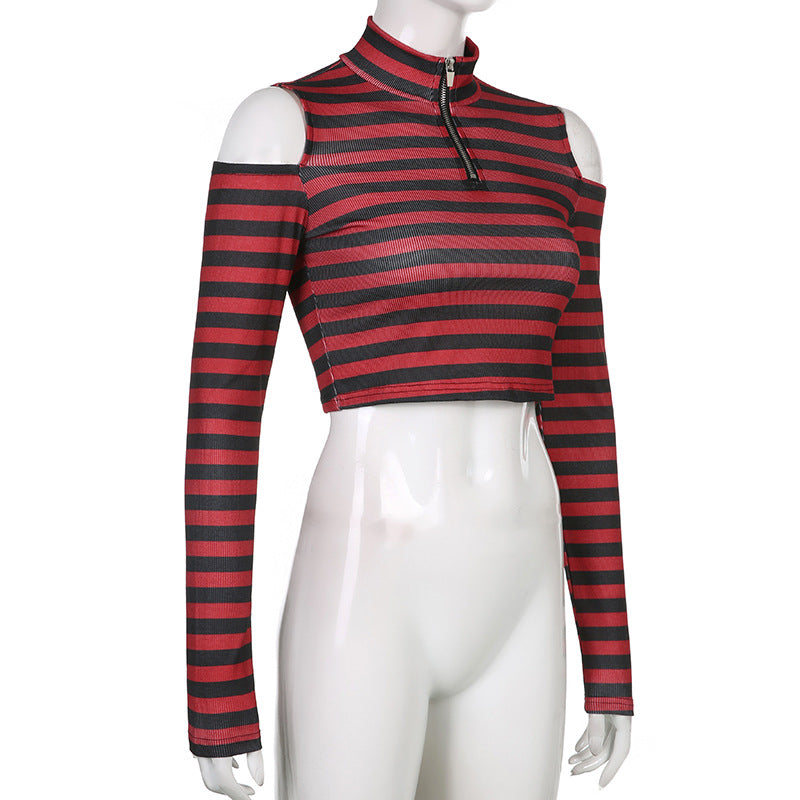 Harajuku Gothic Red Striped Open Shoulder Crop Top