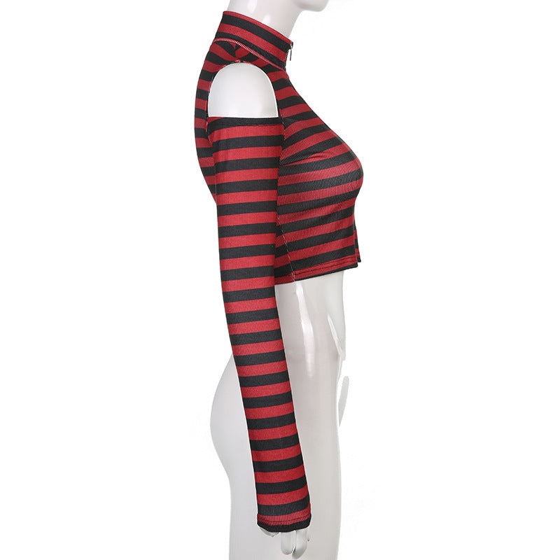 Harajuku Gothic Red Striped Open Shoulder Crop Top