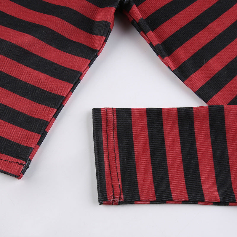 Harajuku Gothic Red Striped Open Shoulder Crop Top