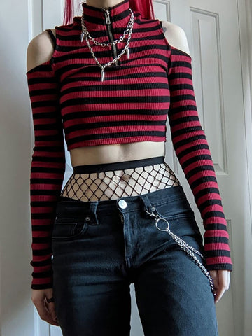 Harajuku Gothic Red Striped Open Shoulder Crop Top