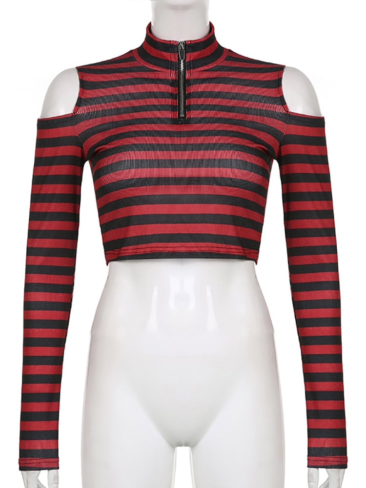 Harajuku Gothic Red Striped Open Shoulder Crop Top