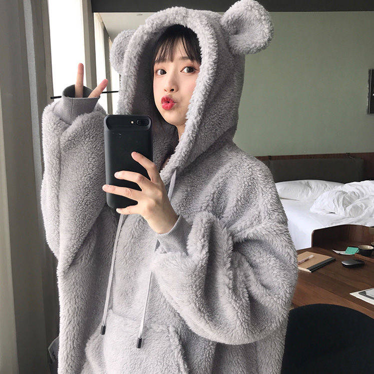 Kawaii Soft and Fluffy Bear Hoodie in Black or Grey