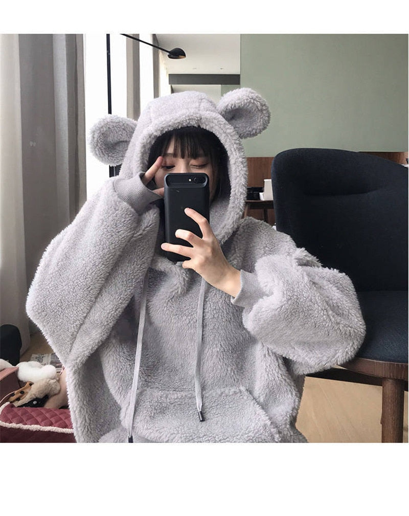 Kawaii Soft and Fluffy Bear Hoodie in Black or Grey