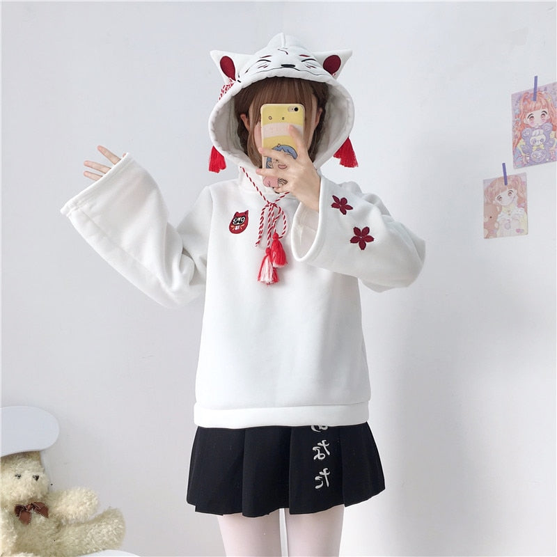 Kawaii Fox Daruma Hoodie in Black or White