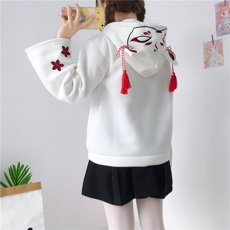 Kawaii Fox Daruma Hoodie in Black or White