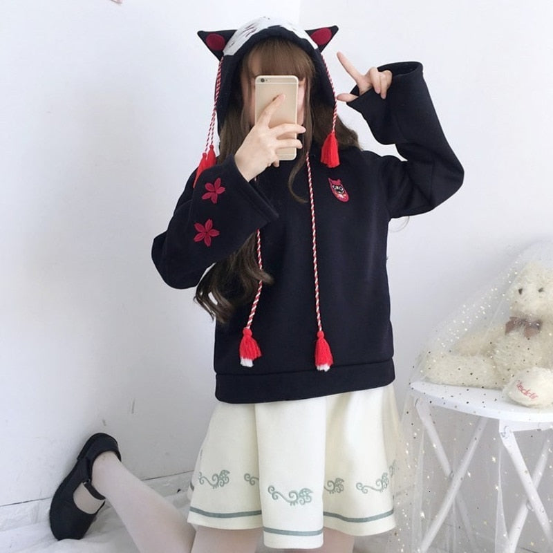 Kawaii Fox Daruma Hoodie in Black or White