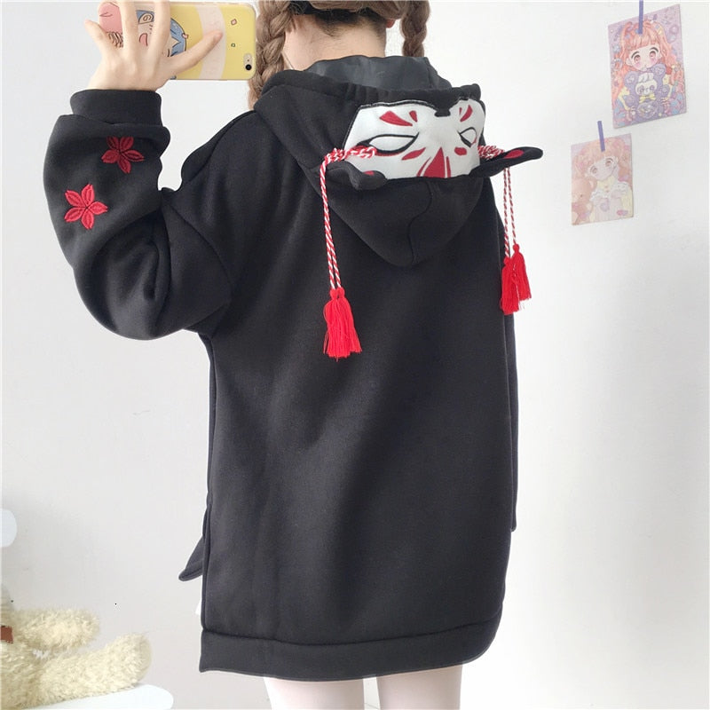 Kawaii Fox Daruma Hoodie in Black or White