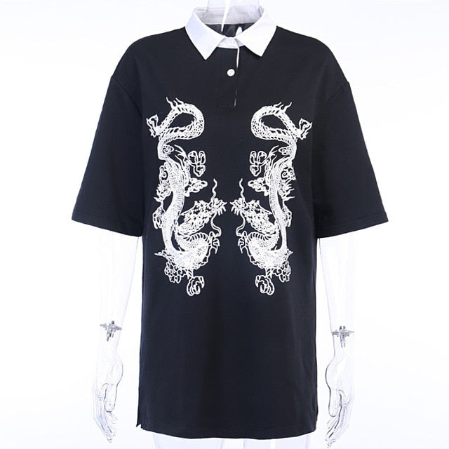 Harajuku Gothic Style Collared Dress with Dragon Design