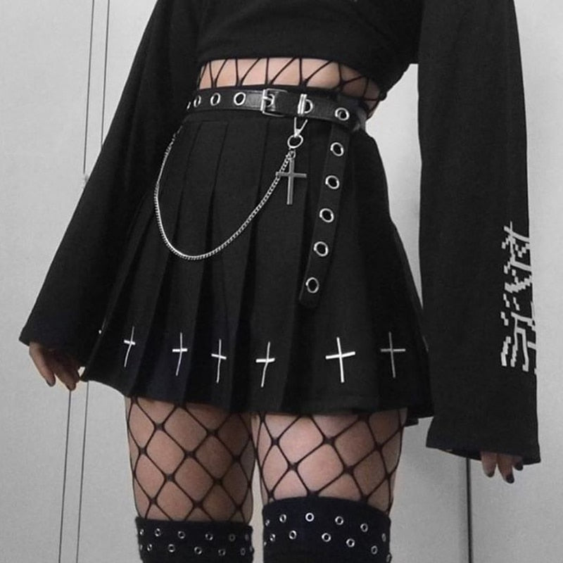 Harajuku Gothic Style Pleated Cross Mini Skirt