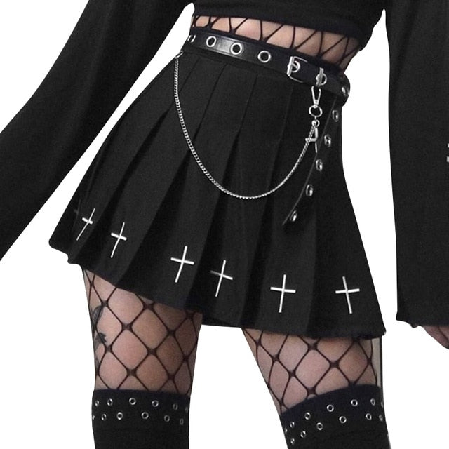 Harajuku Gothic Style Pleated Cross Mini Skirt