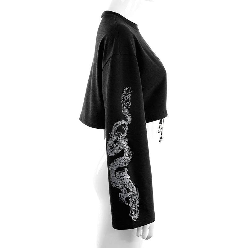 Harajuku Gothic Style Dragon Print Long Sleeve Crop Sweater