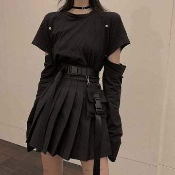 Harajuku Gothic Black Pleated Skirt and Top Set