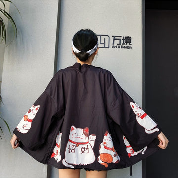 Japanese Women's Half Length Kimono: Lucky Cat in 2 colours