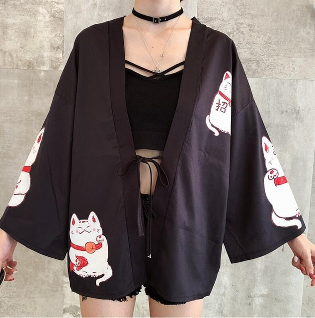 Japanese Women's Half Length Kimono: Lucky Cat in 2 colours
