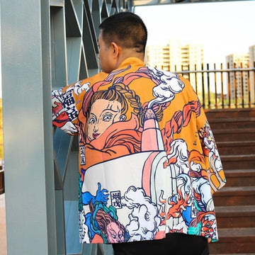 Japanese Men's Half Length Kimono: Warm Ukiyo-e