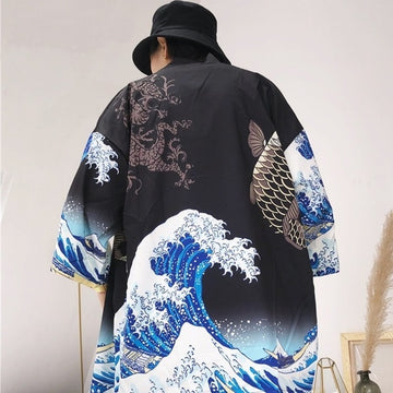Japanese Men's Half Length Kimono: Wave + Koi (Black)