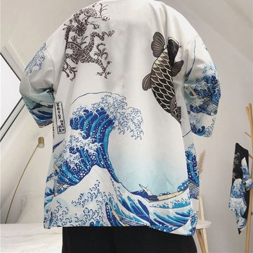 Japanese Men's Half Length Kimono: Wave & Koi