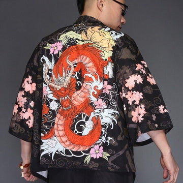 Japanese Men's Half Length Kimono: Red Dragon