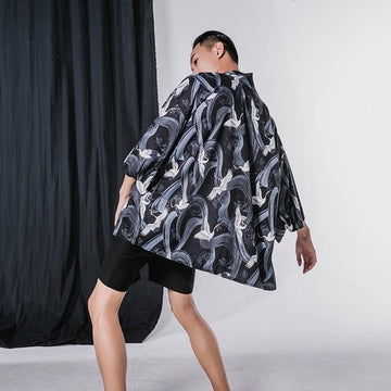 Japanese Men's Half Length Kimono: Birds in Black