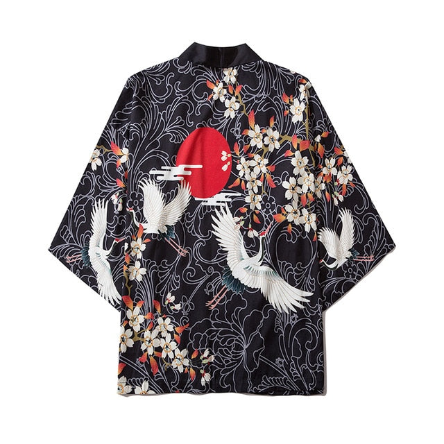 Japanese Unisex Half Length Kimono: Cranes and Flowers