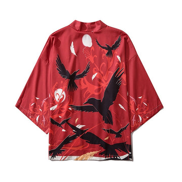 Japanese Unisex Half Length Kimono: Crows in Red