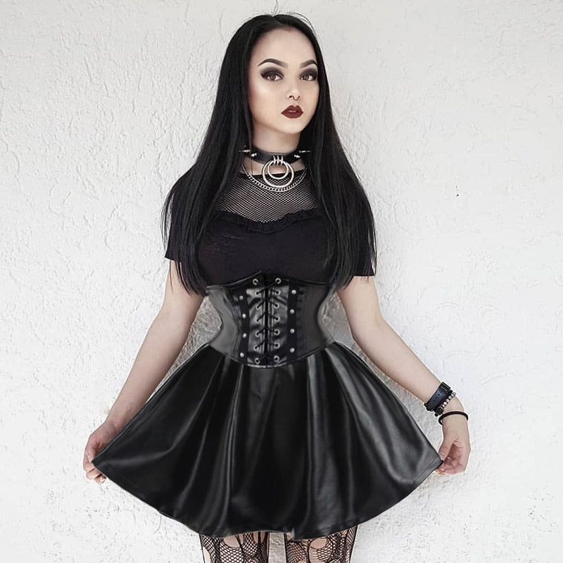 Harajuku Gothic Faux Leather Pleated Skirt