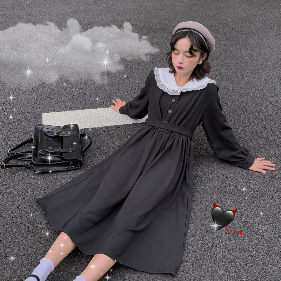 Harajuku Gothic Style Lace Collar Black Dress