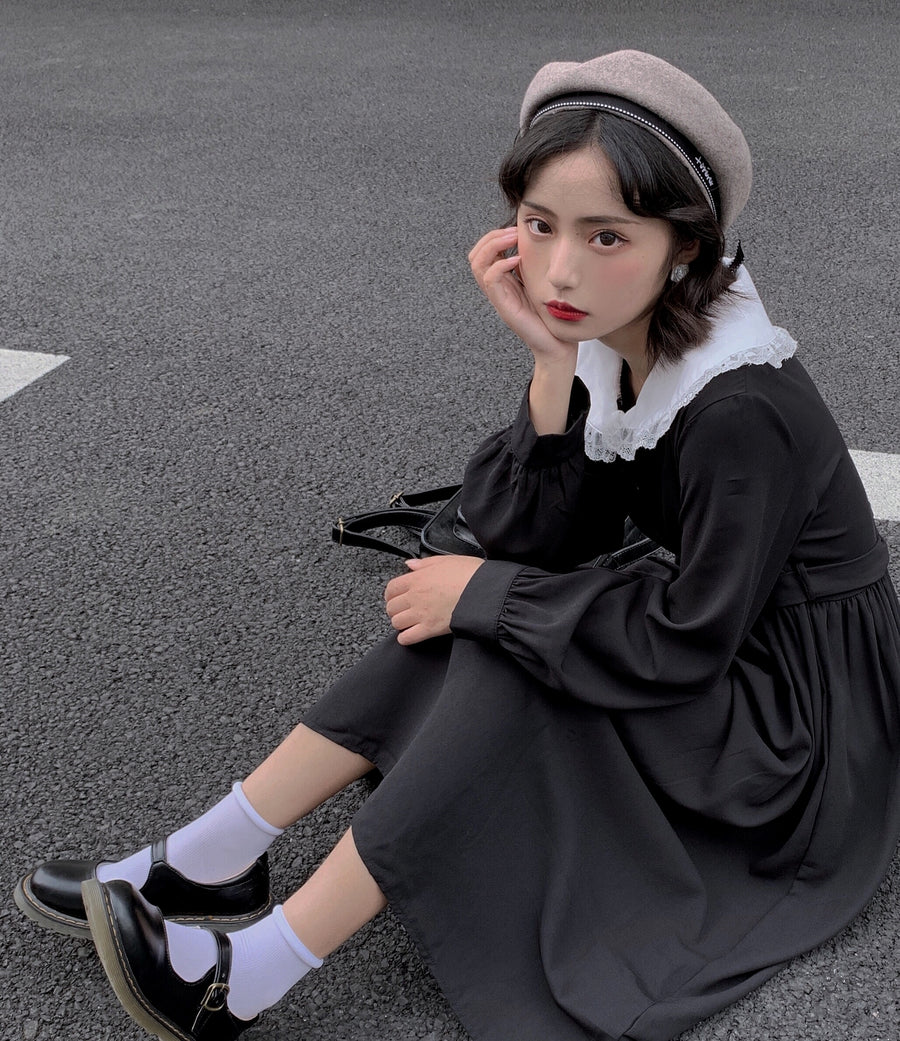 Harajuku Gothic Style Lace Collar Black Dress