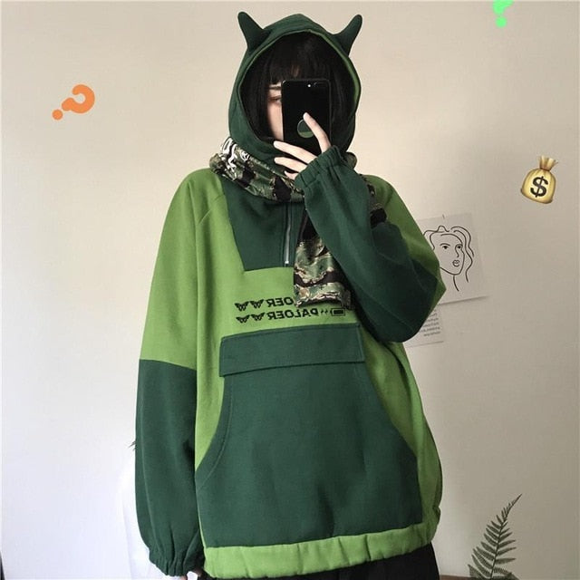 Kawaii Harajuku Alien Devil Hoodie in Green or Red