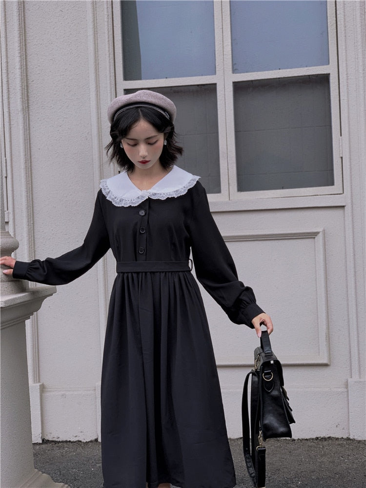 Harajuku Gothic Style Lace Collar Black Dress