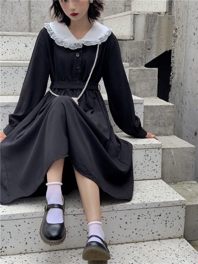 Harajuku Gothic Style Lace Collar Black Dress