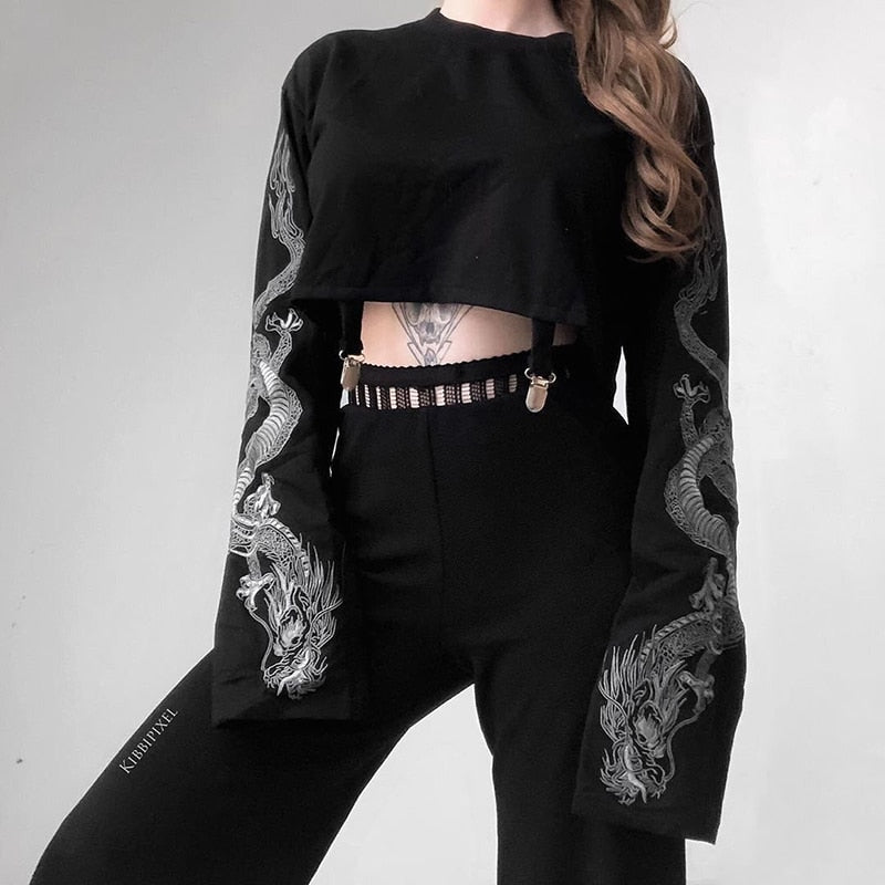 Harajuku Gothic Style Dragon Print Long Sleeve Crop Sweater