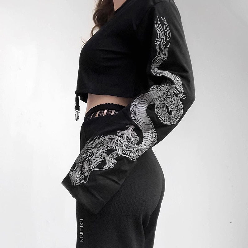 Harajuku Gothic Style Dragon Print Long Sleeve Crop Sweater