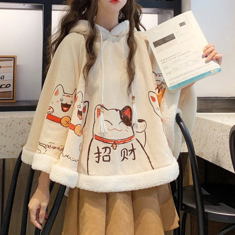 Harajuku Kawaii Lucky Cat Hooded Pullover