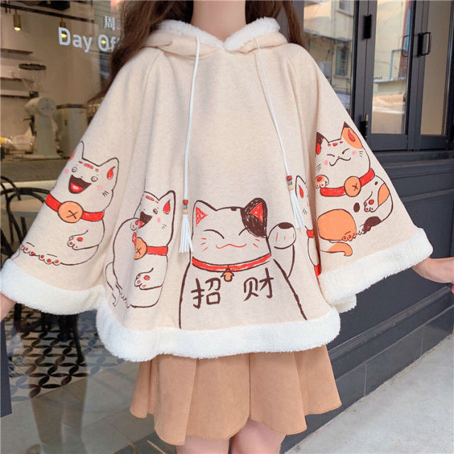 Harajuku Kawaii Lucky Cat Hooded Pullover